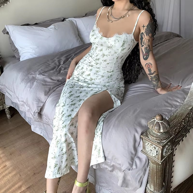 Elegant V Neck Spaghetti Strap Split Floral Print Party Bodycon Maxi Dress