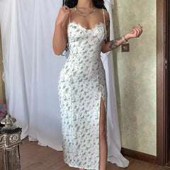 Elegant V Neck Spaghetti Strap Split Floral Print Party Bodycon Maxi Dress
