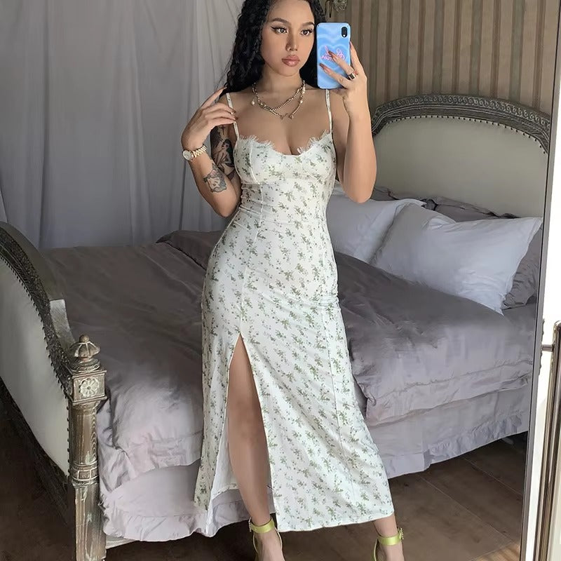 Elegant V Neck Spaghetti Strap Split Floral Print Party Bodycon Maxi Dress