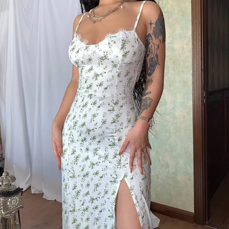 Elegant V Neck Spaghetti Strap Split Floral Print Party Bodycon Maxi Dress