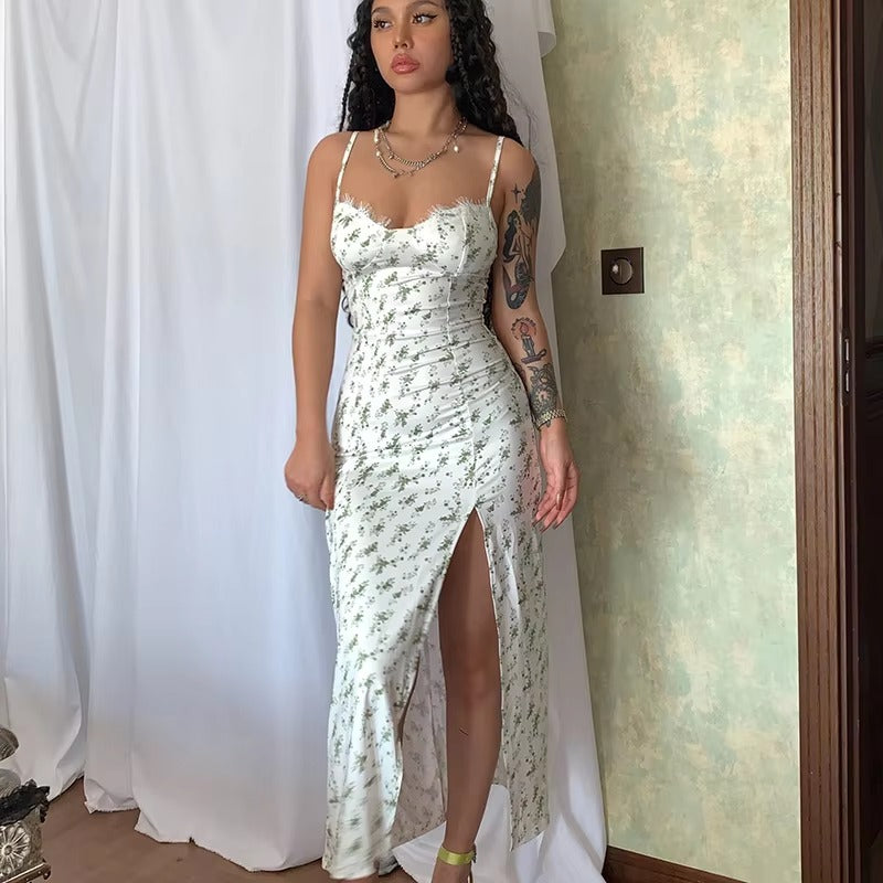 Elegant V Neck Spaghetti Strap Split Floral Print Party Bodycon Maxi Dress