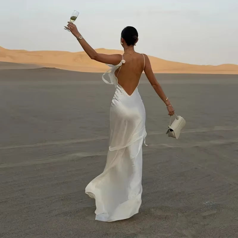 Elegant V-Neck Spaghetti Strap Stain Ruffles Sling Backless Ribbon Hip Package Long Maxi Dress