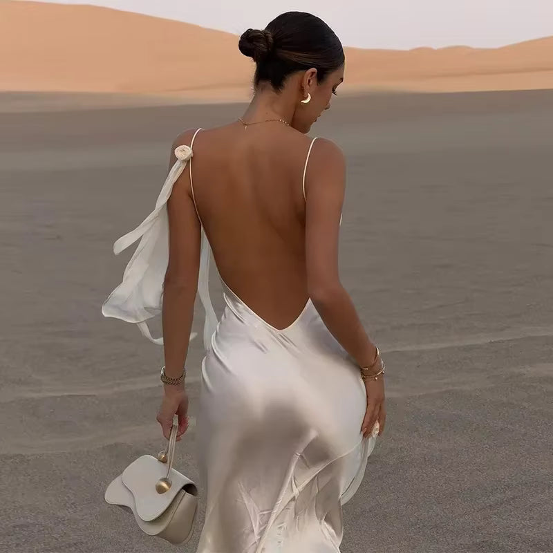 Elegant V-Neck Spaghetti Strap Stain Ruffles Sling Backless Ribbon Hip Package Long Maxi Dress