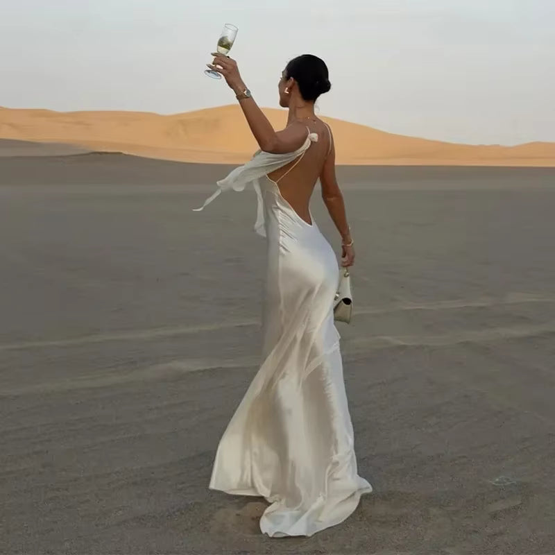Elegant V-Neck Spaghetti Strap Stain Ruffles Sling Backless Ribbon Hip Package Long Maxi Dress