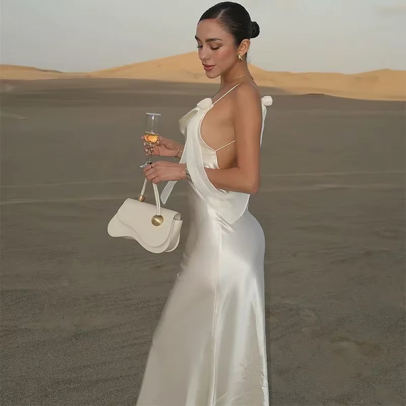 Elegant V-Neck Spaghetti Strap Stain Ruffles Sling Backless Ribbon Hip Package Long Maxi Dress