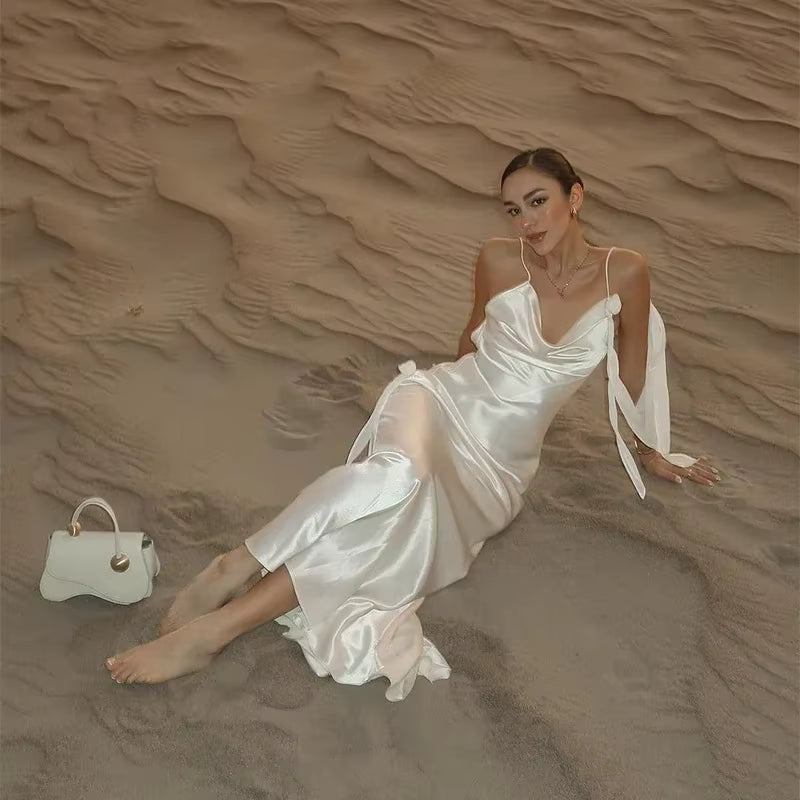 Elegant V-Neck Spaghetti Strap Stain Ruffles Sling Backless Ribbon Hip Package Long Maxi Dress