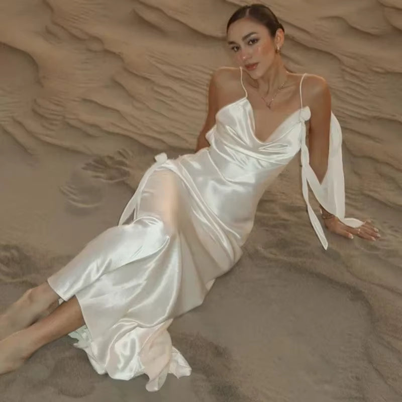 Elegant V-Neck Spaghetti Strap Stain Ruffles Sling Backless Ribbon Hip Package Long Maxi Dress