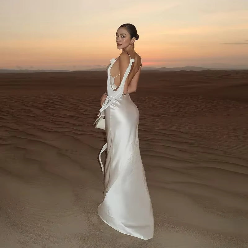 Elegant V-Neck Spaghetti Strap Stain Ruffles Sling Backless Ribbon Hip Package Long Maxi Dress