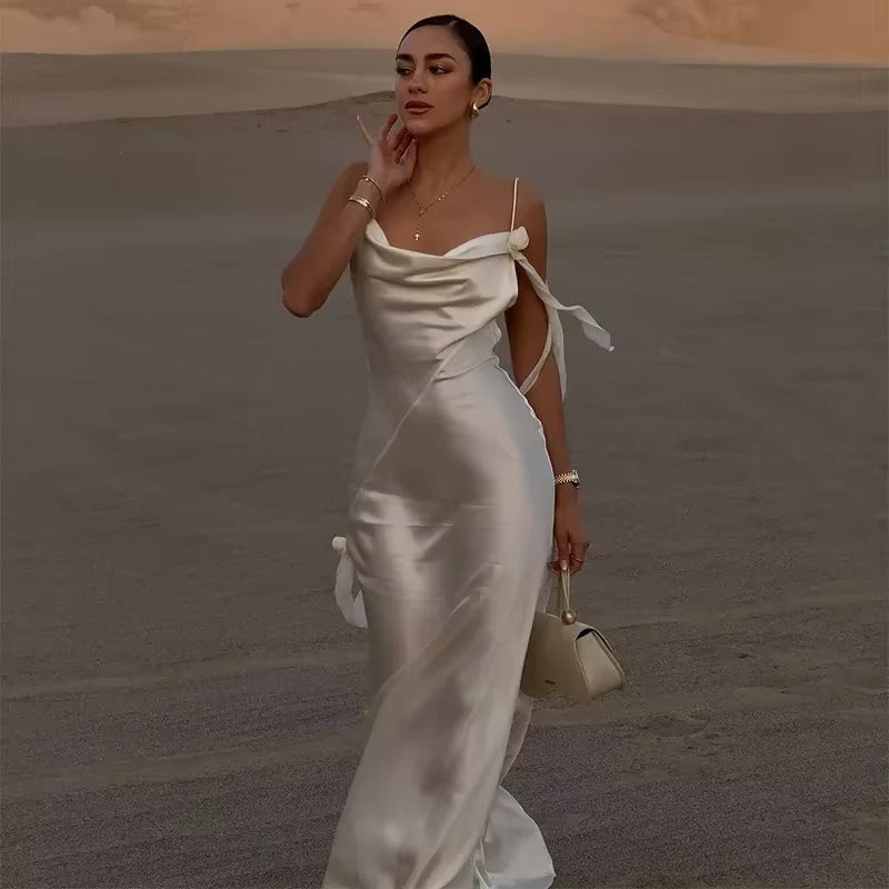 Elegant V-Neck Spaghetti Strap Stain Ruffles Sling Backless Ribbon Hip Package Long Maxi Dress