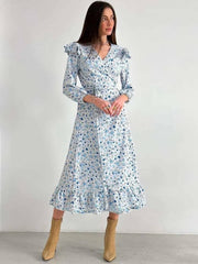 Elegant V-Neck Three Quarter Sleeve Ruffled Casual Loose Lace-Up Ruffled Dress