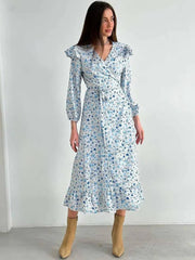 Elegant V-Neck Three Quarter Sleeve Ruffled Casual Loose Lace-Up Ruffled Dress