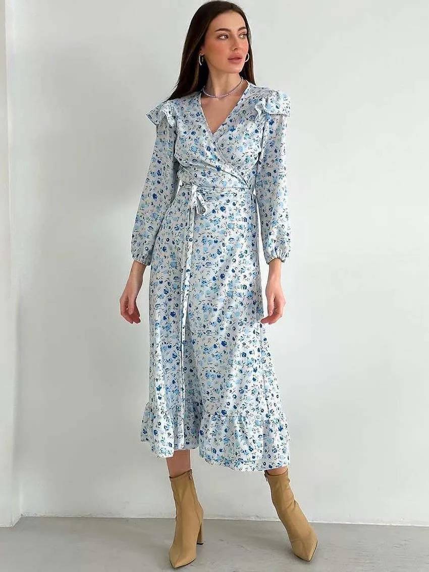 Elegant V-Neck Three Quarter Sleeve Ruffled Casual Loose Lace-Up Ruffled Dress
