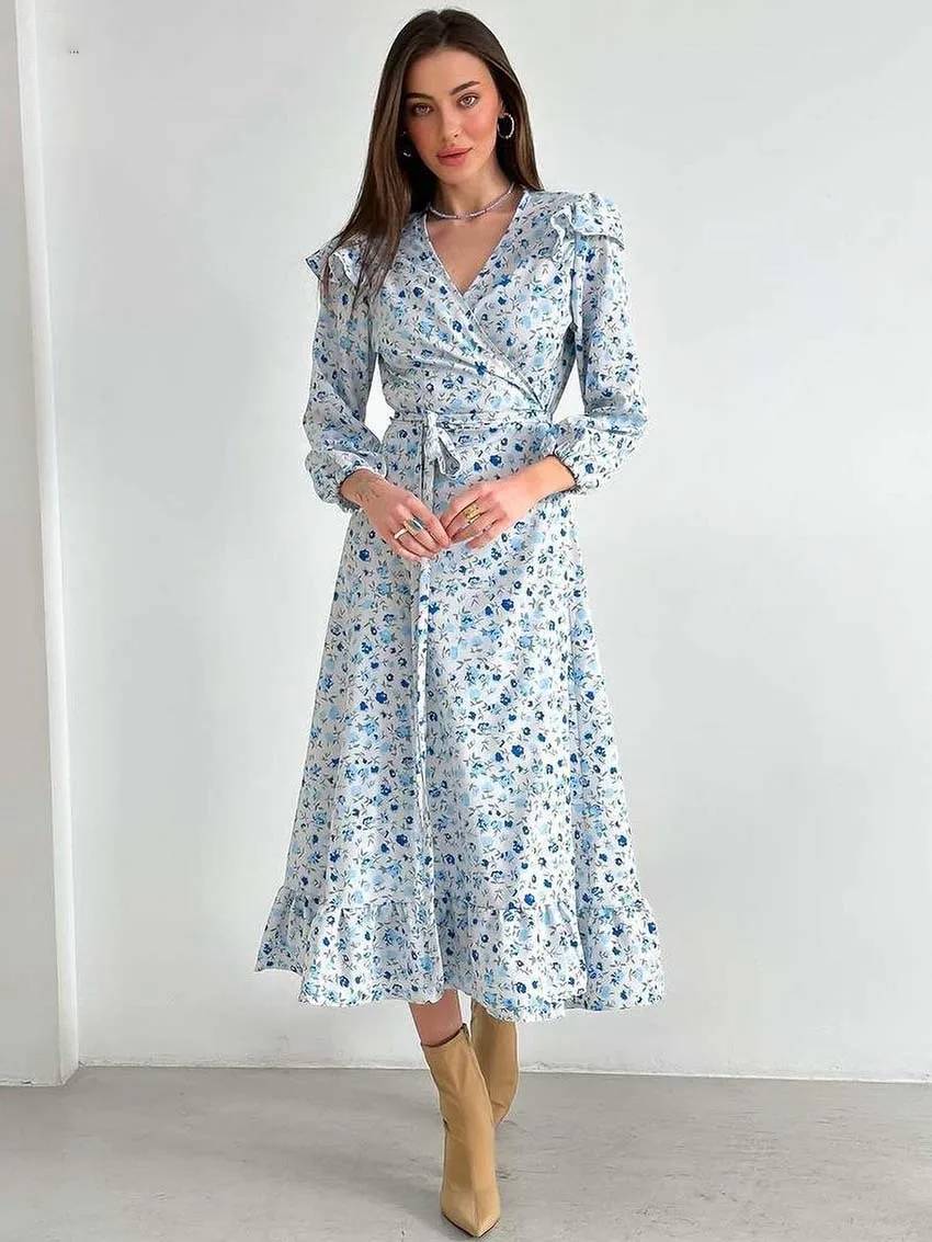 Elegant V-Neck Three Quarter Sleeve Ruffled Casual Loose Lace-Up Ruffled Dress