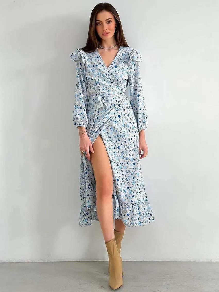 Elegant V-Neck Three Quarter Sleeve Ruffled Casual Loose Lace-Up Ruffled Dress