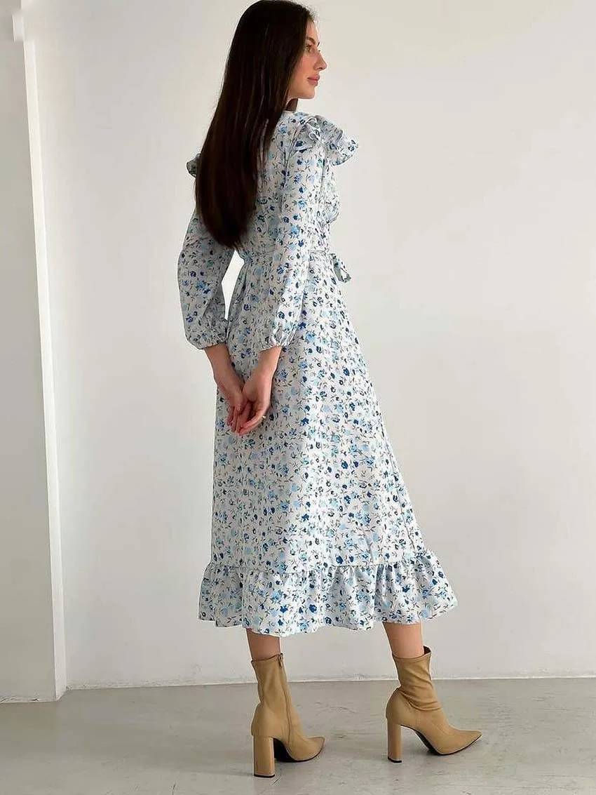 Elegant V-Neck Three Quarter Sleeve Ruffled Casual Loose Lace-Up Ruffled Dress