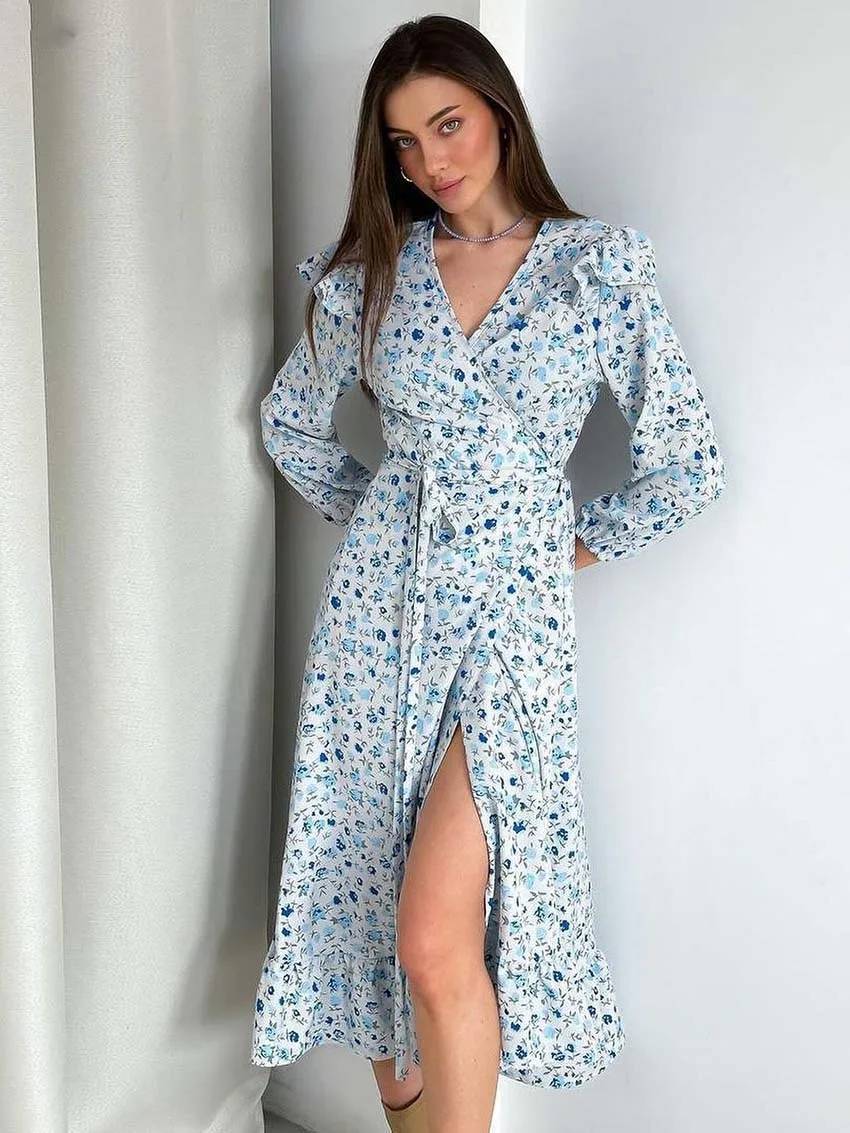 Elegant V-Neck Three Quarter Sleeve Ruffled Casual Loose Lace-Up Ruffled Dress