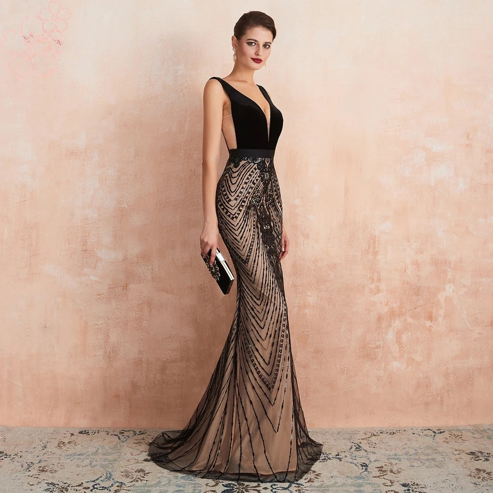 Elegant V Neck Velvet Mermaid Evening Night Prom Dress