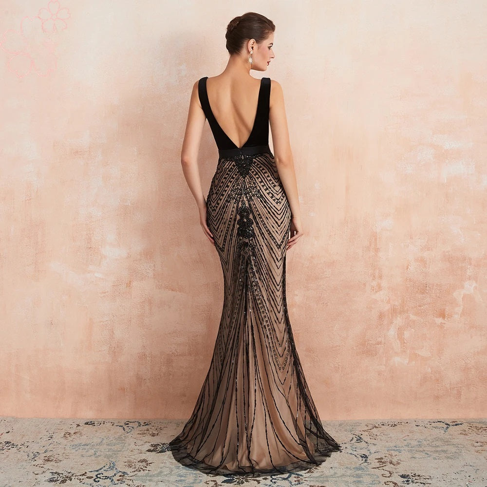 Elegant V Neck Velvet Mermaid Evening Night Prom Dress