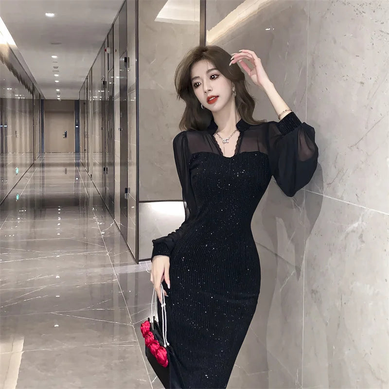 Elegant V-Neck Vintage Hepburn Sequins Patchwork Prom Bodycon Midi Dresses