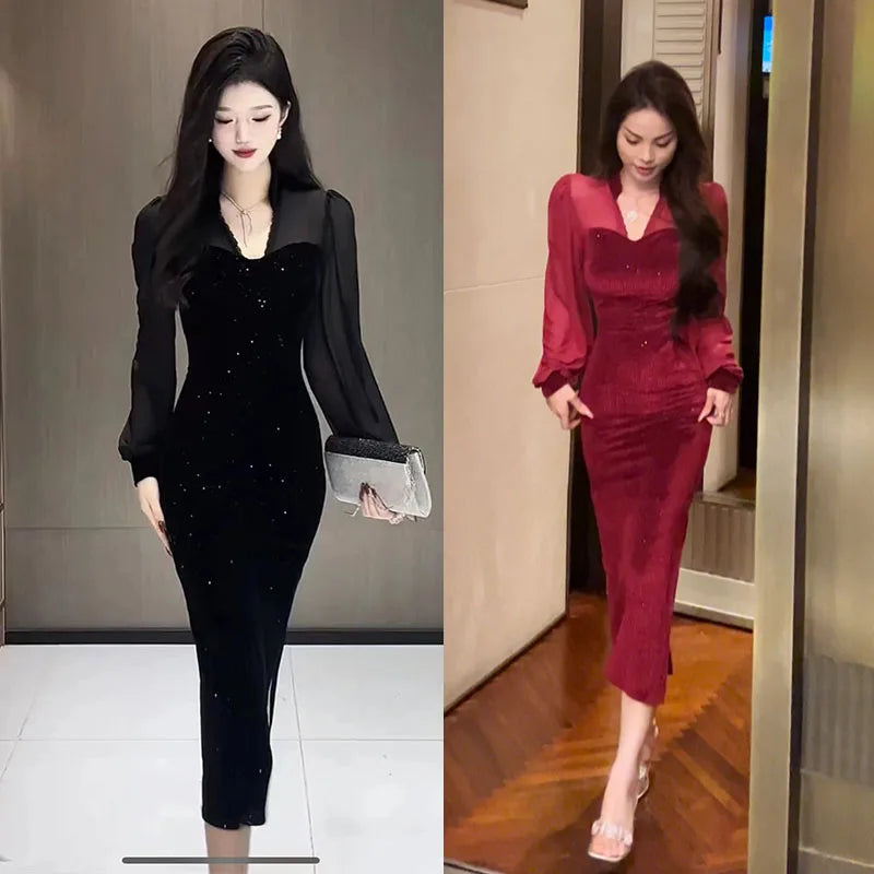 Elegant V-Neck Vintage Hepburn Sequins Patchwork Prom Bodycon Midi Dresses