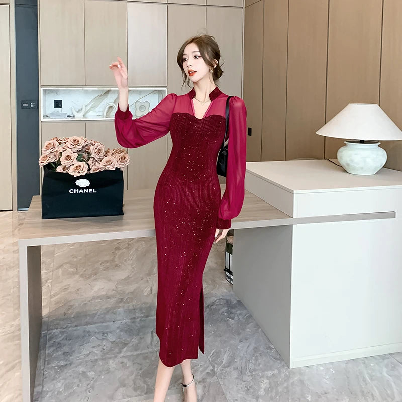 Elegant V-Neck Vintage Hepburn Sequins Patchwork Prom Bodycon Midi Dresses