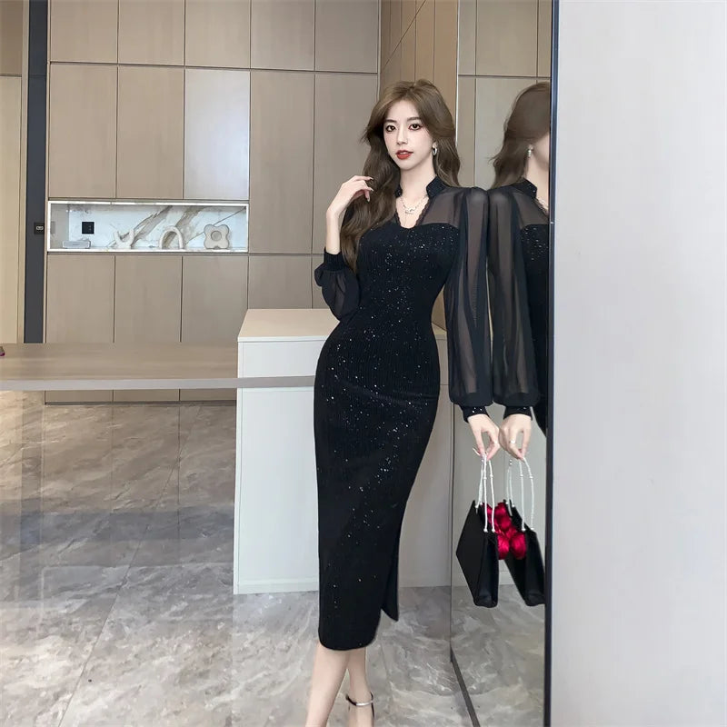 Elegant V-Neck Vintage Hepburn Sequins Patchwork Prom Bodycon Midi Dresses