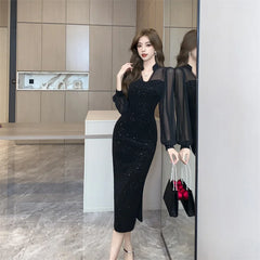 Elegant V-Neck Vintage Hepburn Sequins Patchwork Prom Bodycon Midi Dresses