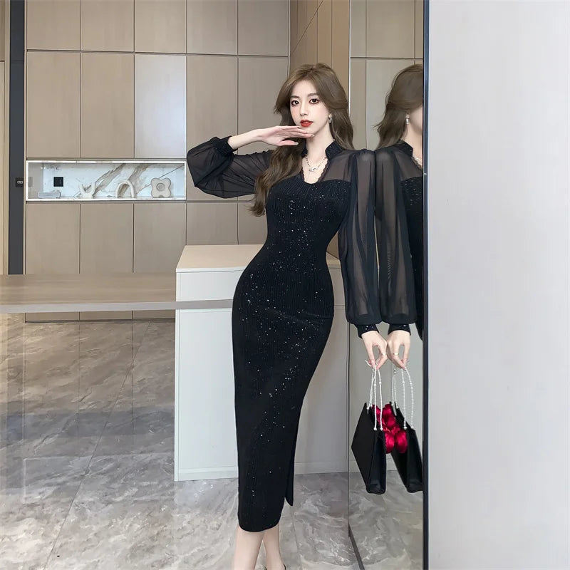 Elegant V-Neck Vintage Hepburn Sequins Patchwork Prom Bodycon Midi Dresses