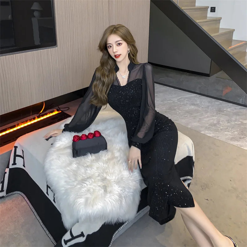 Elegant V-Neck Vintage Hepburn Sequins Patchwork Prom Bodycon Midi Dresses