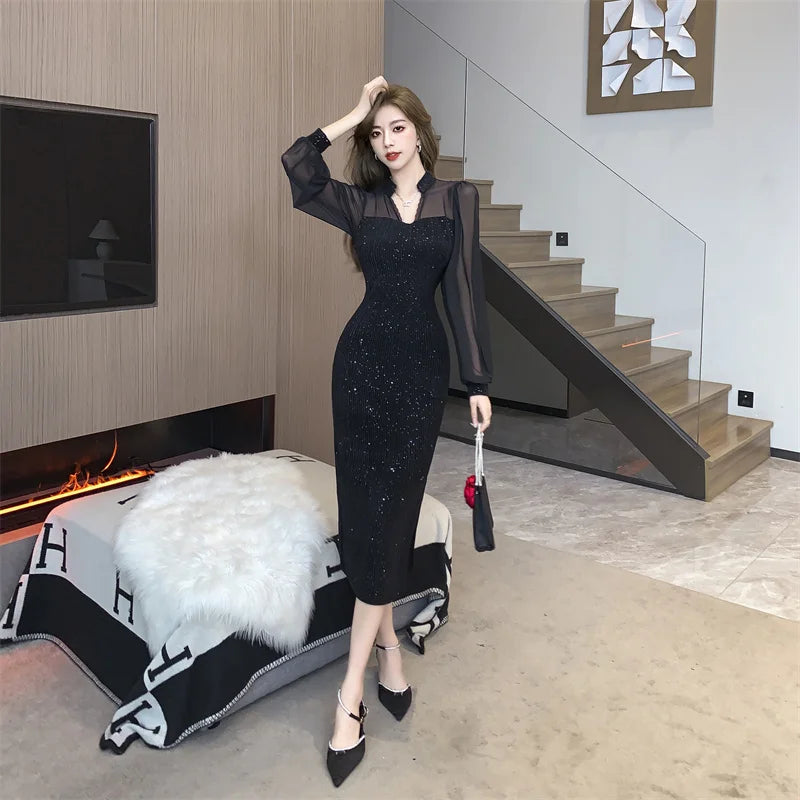 Elegant V-Neck Vintage Hepburn Sequins Patchwork Prom Bodycon Midi Dresses