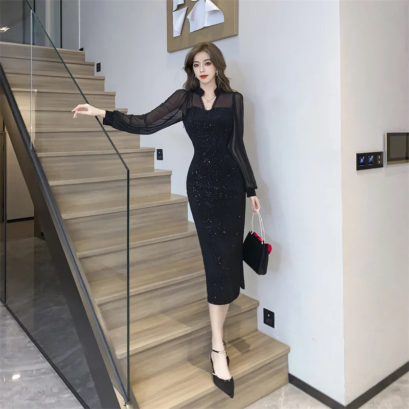 Elegant V-Neck Vintage Hepburn Sequins Patchwork Prom Bodycon Midi Dresses