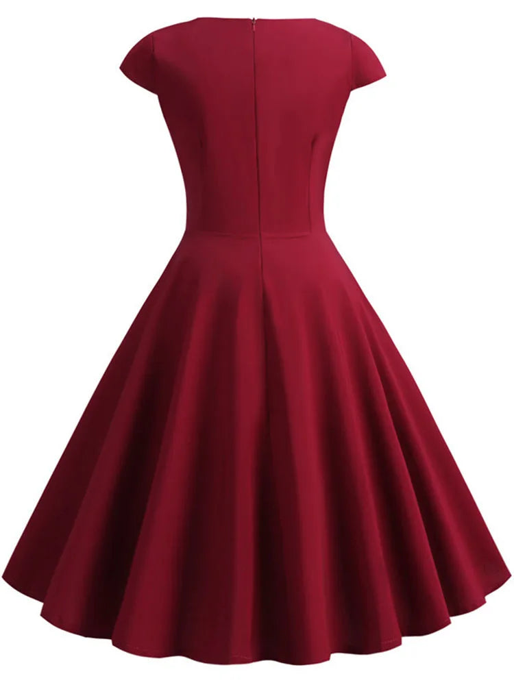 Elegant V Neck Vintage Robe Retro pin up Party Office Midi Dresses