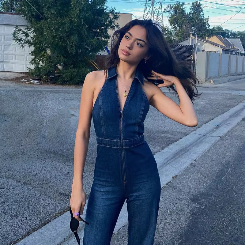 Elegant V Neck Zipper Bell Sleeveless Backpacker Denim Jumpsuit