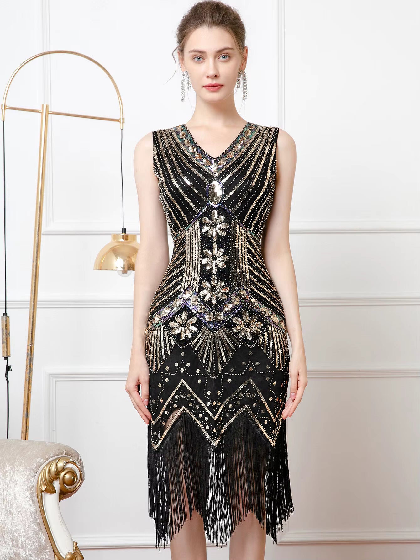 Elegant V-Neck backless Polyester vintage sequin prom mini dress