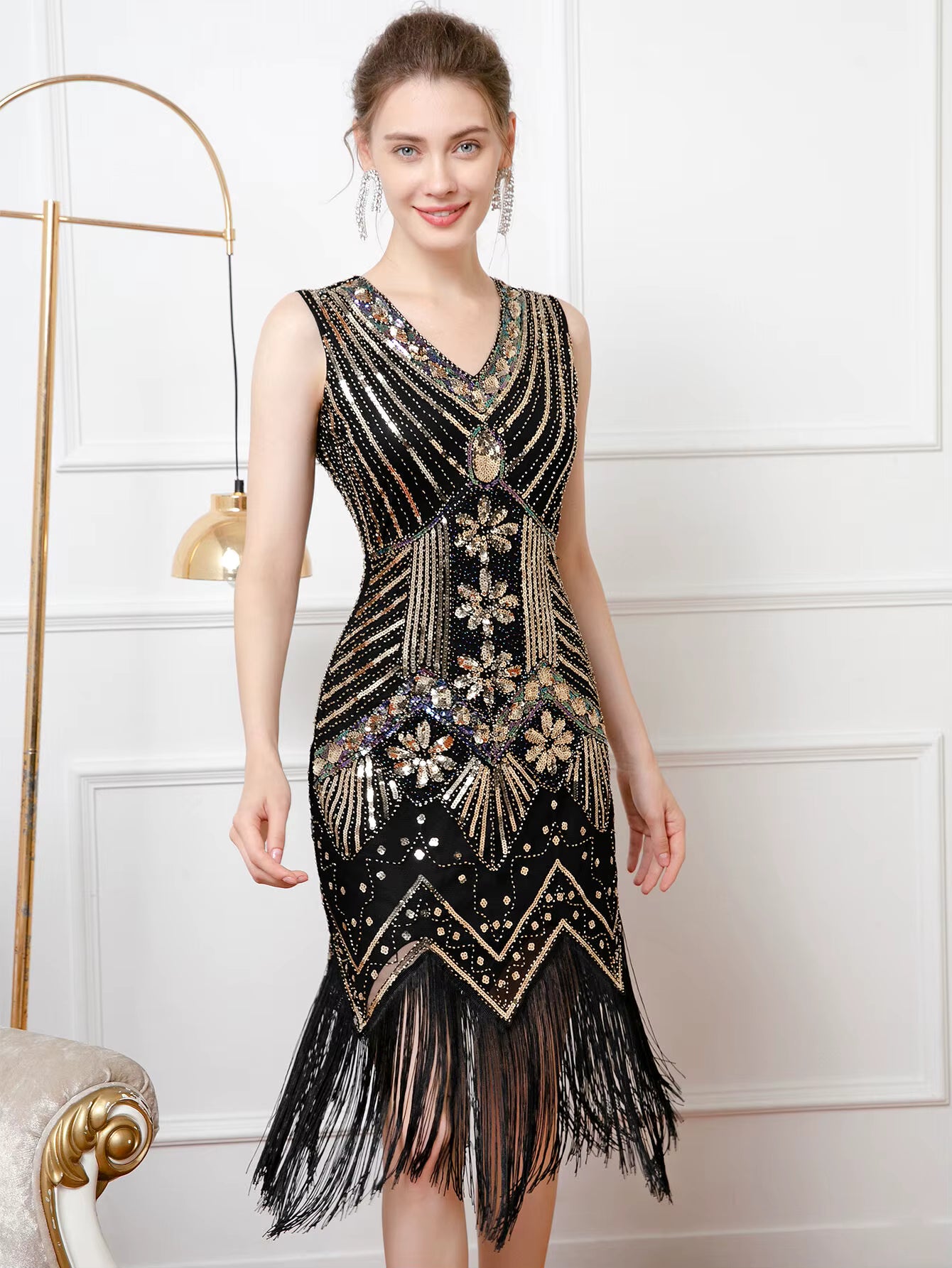 Elegant V-Neck backless Polyester vintage sequin prom mini dress