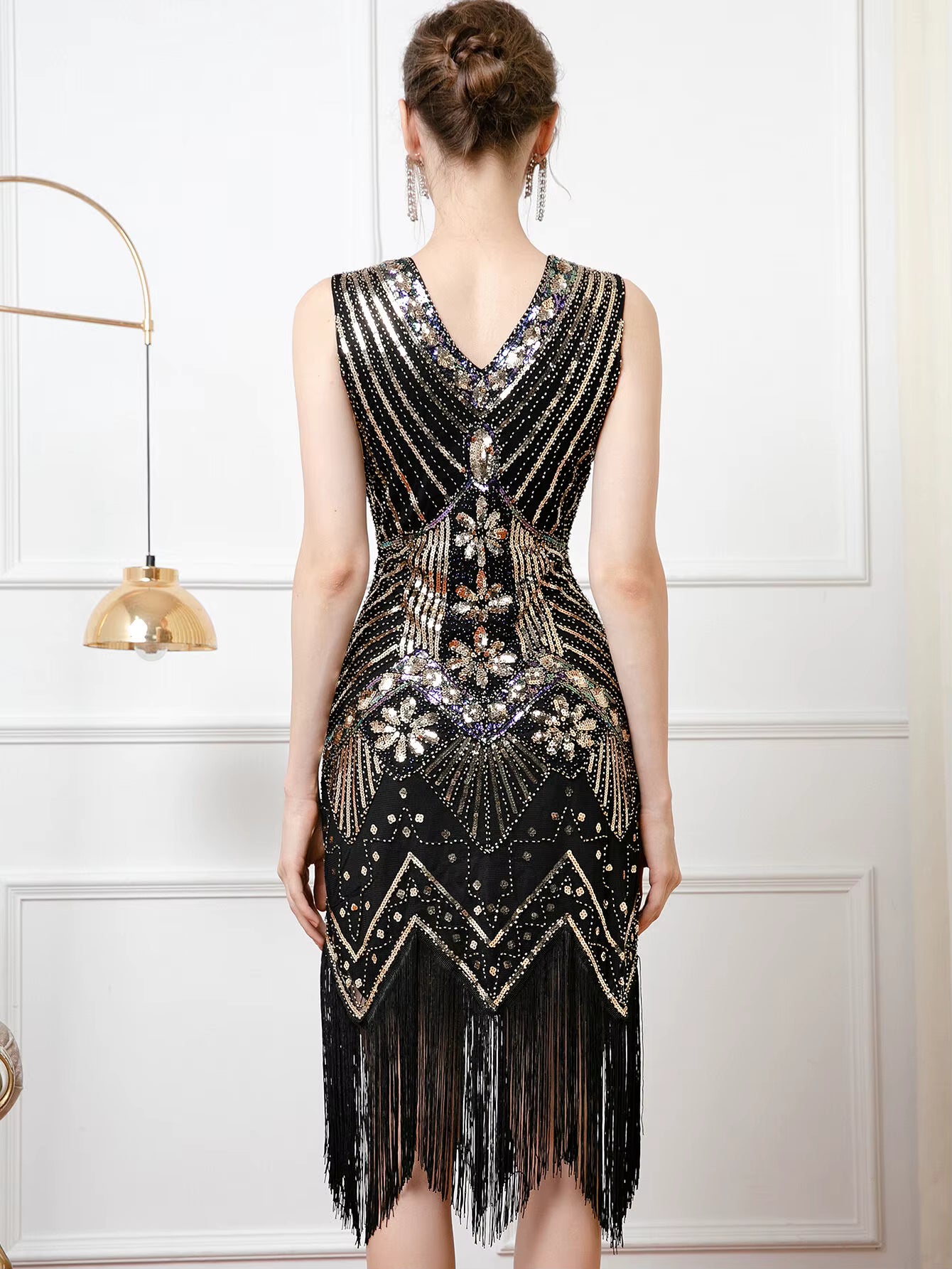 Elegant V-Neck backless Polyester vintage sequin prom mini dress