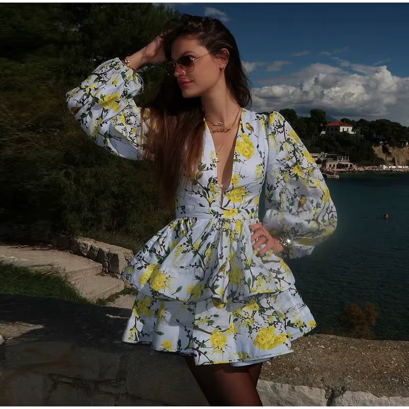 Elegant V-neck A-line High Waist Print Ruffle Long Puff Sleeve Short Mini Dress