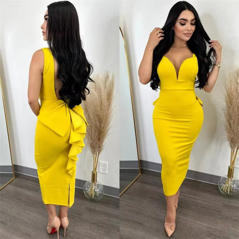 Elegant V-neck Backless Bowknot Ruffles Bodycon Midi Dress