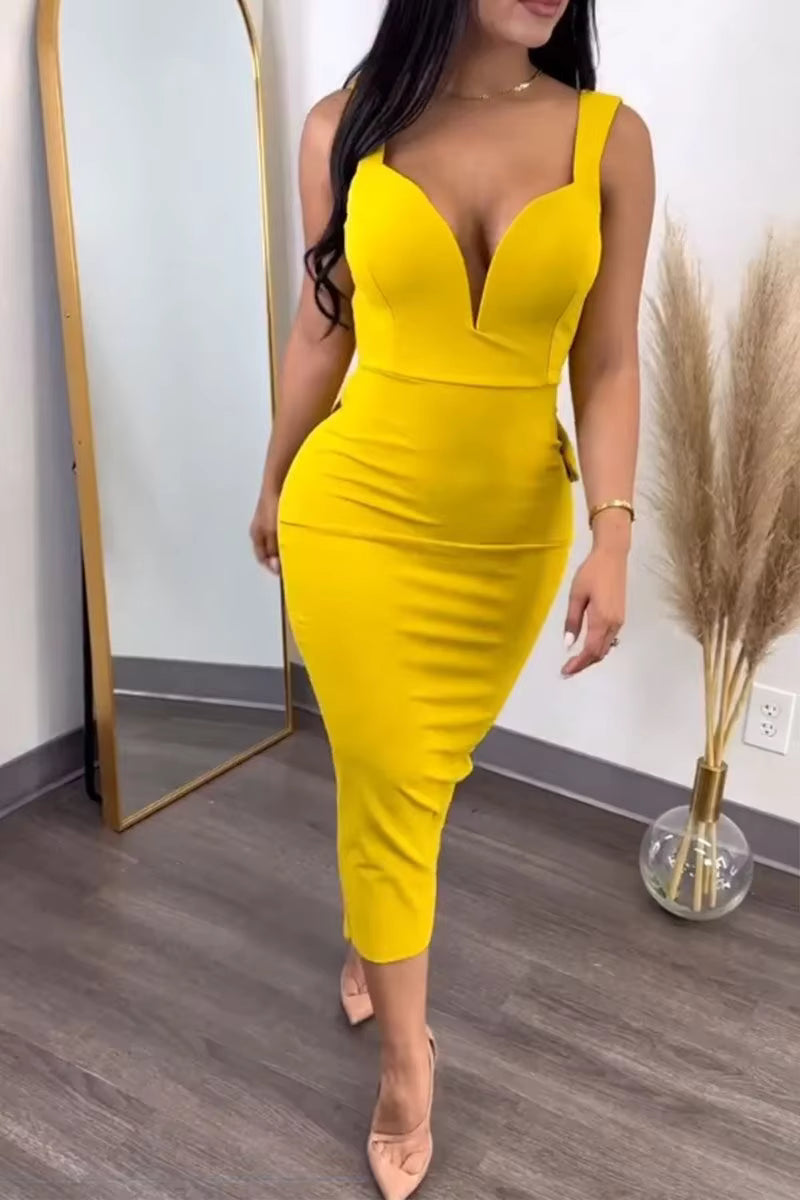 Elegant V-neck Backless Bowknot Ruffles Bodycon Midi Dress