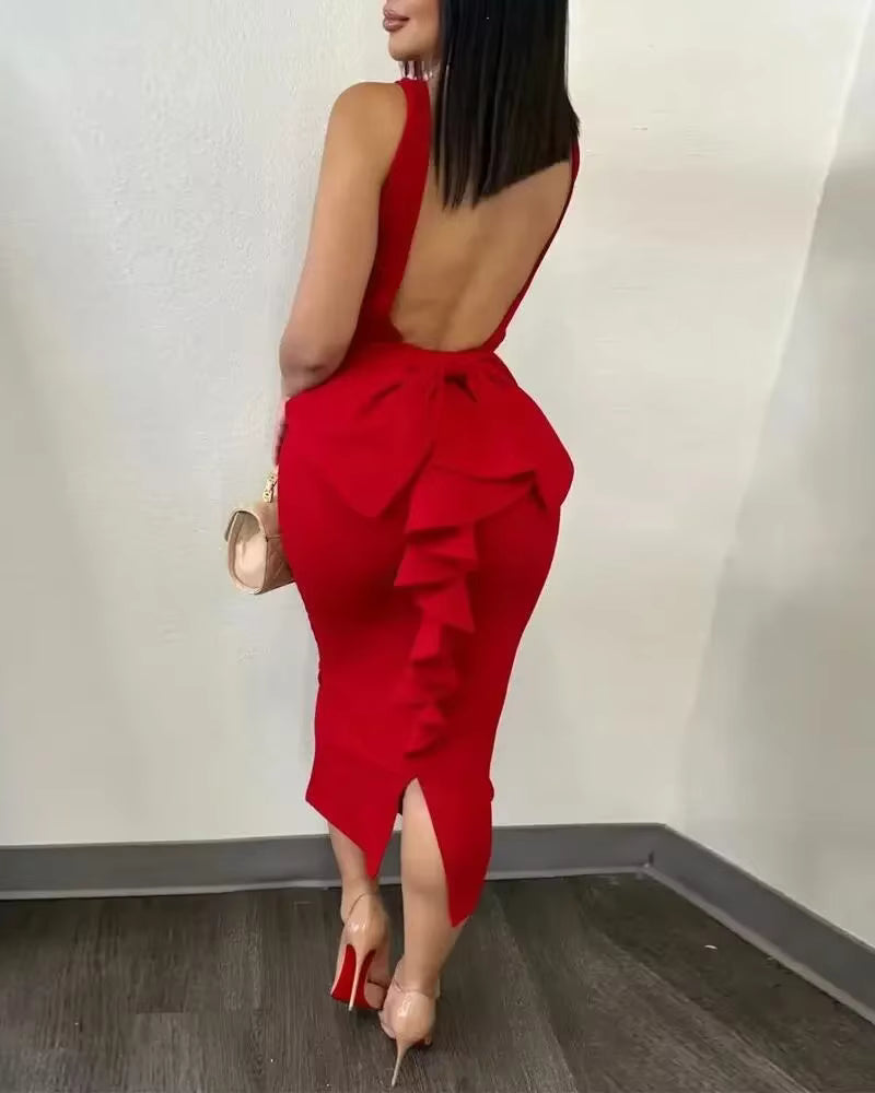 Elegant V-neck Backless Bowknot Ruffles Bodycon Midi Dress