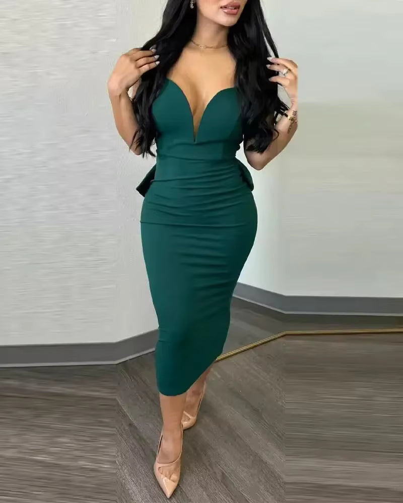 Elegant V-neck Backless Bowknot Ruffles Bodycon Midi Dress