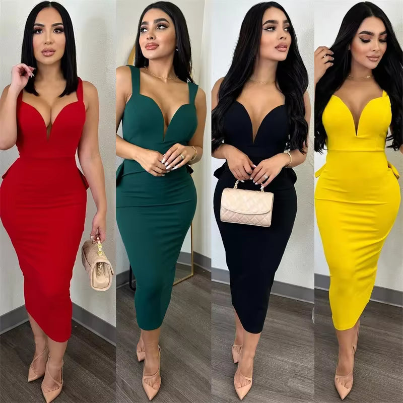 Elegant V-neck Backless Bowknot Ruffles Bodycon Midi Dress
