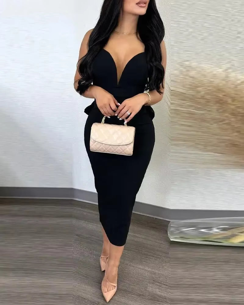 Elegant V-neck Backless Bowknot Ruffles Bodycon Midi Dress