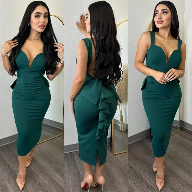 Elegant V-neck Backless Bowknot Ruffles Bodycon Midi Dress