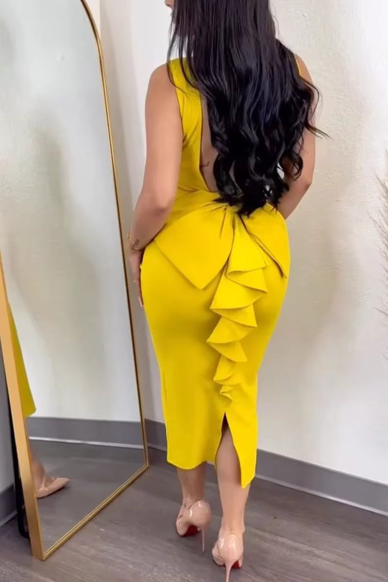 Elegant V-neck Backless Bowknot Ruffles Bodycon Midi Dress