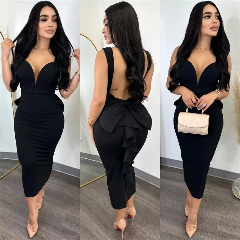 Elegant V-neck Backless Bowknot Ruffles Bodycon Midi Dress