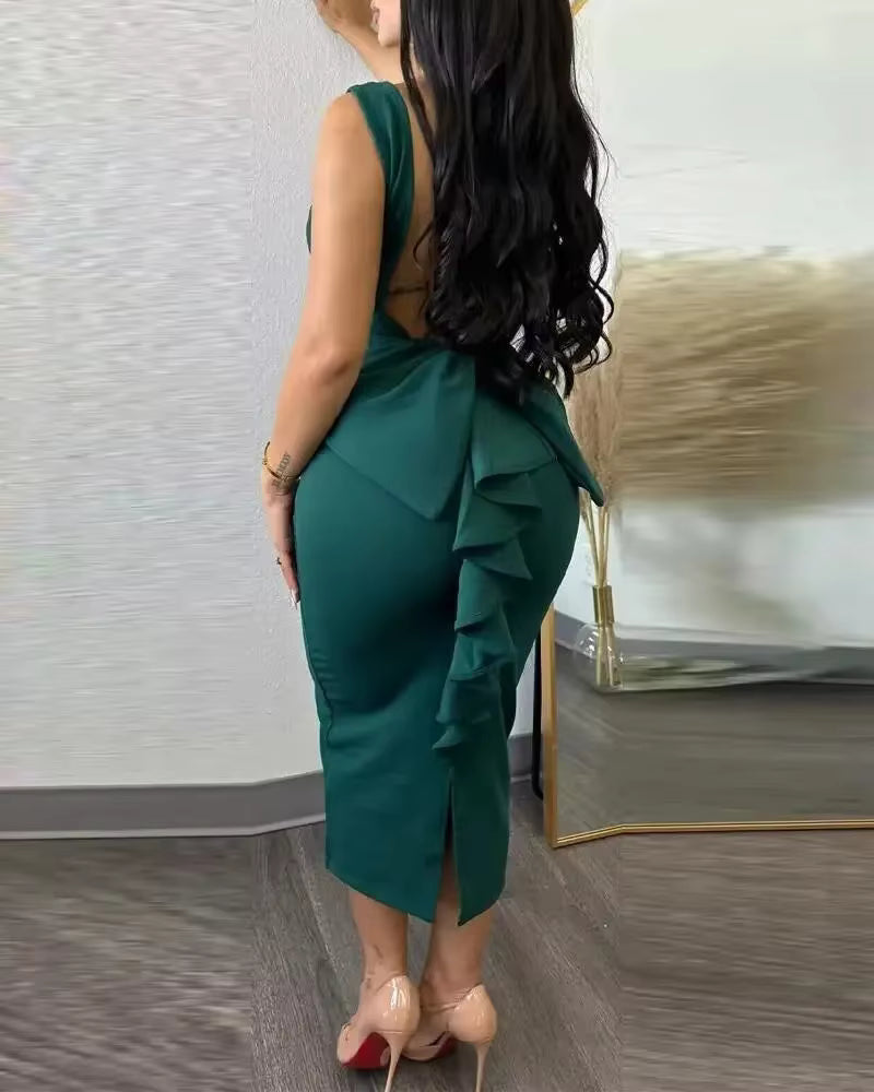 Elegant V-neck Backless Bowknot Ruffles Bodycon Midi Dress