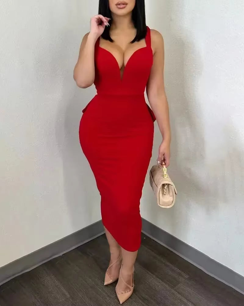 Elegant V-neck Backless Bowknot Ruffles Bodycon Midi Dress
