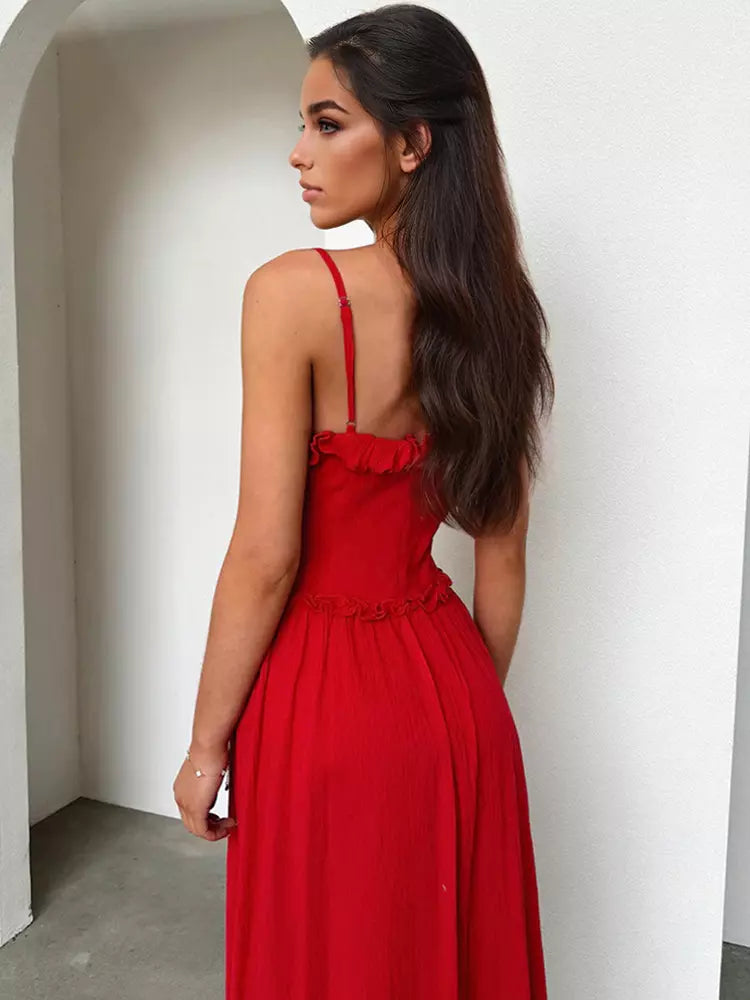 Elegant V-neck Backless Ruffled Sleeveless Strap Dress
