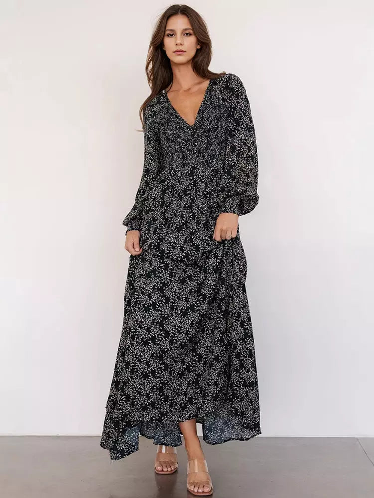 Elegant V-neck Boho Bishop Sleeve Floral Maxi Dress
